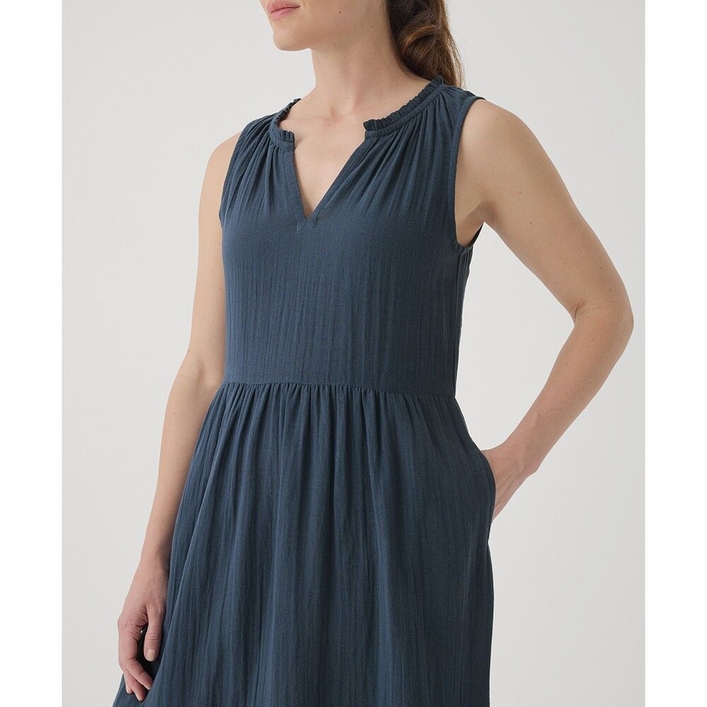 PACT Cotton Coastal Double Gauze Tiered Midi Dress Navy Blue Organic Cotton Sz M